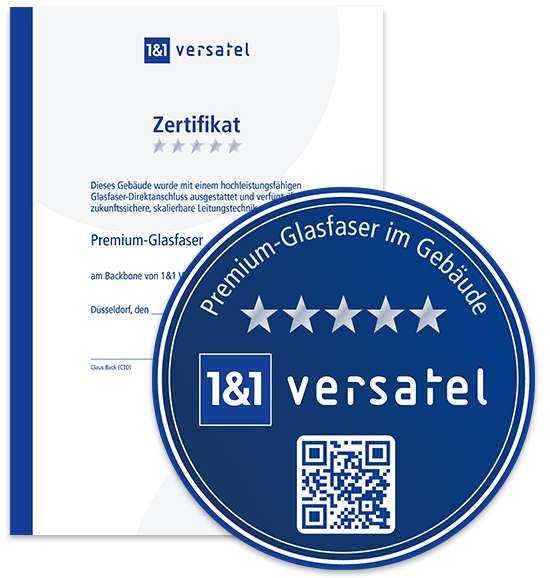 1&1 Versatel Glasfaser-Zertifikat und Aufkleber mit QR-Code